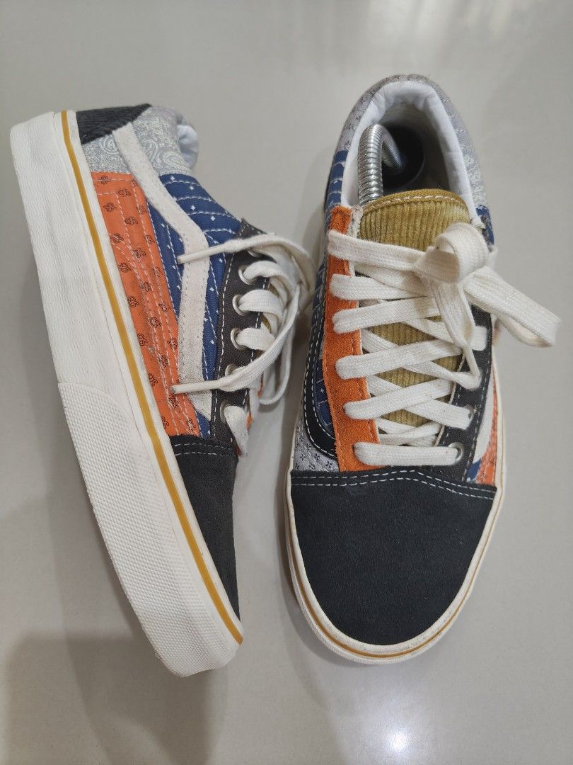 Vans Old Skool Patchwork Multi-Color Skate Shoes (Category: Sneakers) located in Calamba. Submitted by an_ne0501 (Listing ID 1469211733, Image 1). Description: - Brand: Vans Old Skool - Design: Unique patchwork featuring suede, corduroy, and patterned canvas panels - Colorway: Vibrant mix of blue, orange, black, and white - Soles: Classic waffle rubber outsoles with minimal wear on treads - Details: Crisp white laces, matching white sidewalls, an
