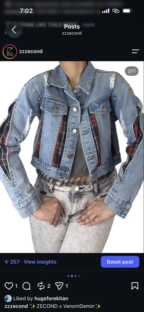 VENOMDENIM-PLAID DENIM JACKET (Category: Coats, Jackets and Outerwear) located in Quezon City. Submitted by zzzecond (Listing ID 1469267380, Image 2). Description: ✨ZECOND x VenomDemin✨ ♥️💙 PLAID PANEL DISTRESSED CROPPED DENIM 🔎 Details • Type: Jacket • Size based on measurements: XS-S • Measurements (Estimated w/ allowance) *Chest (Flat): 17.5 *Collar to End of Shoulder: 6.5 *Shoulder to End of Sleeve: 20 *Armpit to Sleeve: 18 *Armhole (Flat):