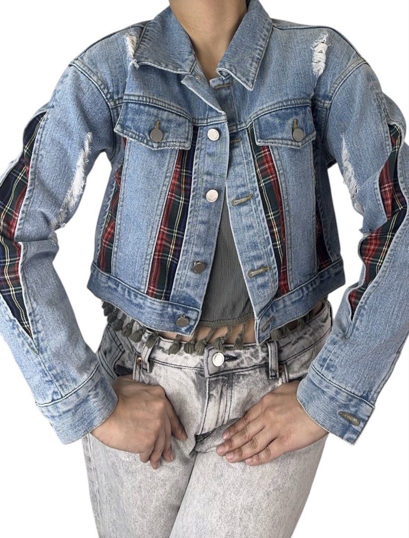 VENOMDENIM-PLAID DENIM JACKET (Category: Coats, Jackets and Outerwear) located in Quezon City. Submitted by zzzecond (Listing ID 1469267380, Image 3). Description: ✨ZECOND x VenomDemin✨ ♥️💙 PLAID PANEL DISTRESSED CROPPED DENIM 🔎 Details • Type: Jacket • Size based on measurements: XS-S • Measurements (Estimated w/ allowance) *Chest (Flat): 17.5 *Collar to End of Shoulder: 6.5 *Shoulder to End of Sleeve: 20 *Armpit to Sleeve: 18 *Armhole (Flat):