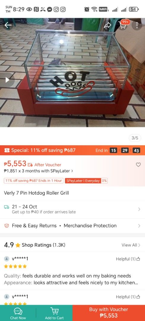 Verly 7 Pin Hotdog Roller Grill Machine (Category: BBQ, Grills & Hotpots) located in Manila. Submitted by iamgraceco16493 (Listing ID 1469164156, Image 1). Description: - 7 heavy-duty stainless steel rollers for even cooking - Eye-catching red base with clear glass display cover - Front temperature control knobs for easy heat management - Dual power switches with handy indicator lights - Fun 'Hot Dogs' graphic decal on the glass - Ideal for conve