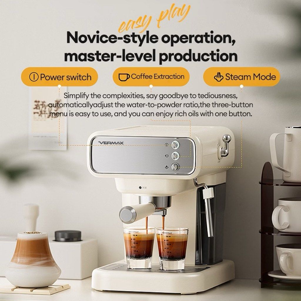 VERMAX Espresso Machine VYKHS002C (Category: Coffee Machines & Makers) located in Manila. Submitted by braveturtle-a8c1e3 (Listing ID 1469262525, Image 1). Description: Used less than 5x - Brand: VERMAX - Color: Aesthetic Cream White - 3-button menu for easy extraction, power, and steam mode - Powerful steam function for frothing milk like a pro - Large removable water tank for hassle-free refilling - Stainless steel drip tray for easy cleaning -