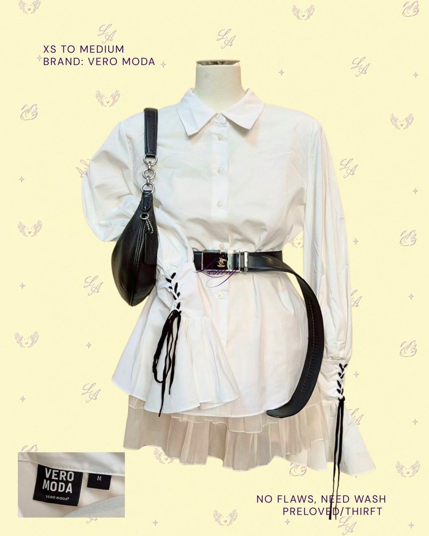 vero moda ruffle tie lolita (Category: Dresses) located in Baguio. Submitted by boughtoomuch (Listing ID 1469335500, Image 1). Description: - Brand: Vero Moda - Color: White - Size: Fits XS to Medium - Style: Button-down shirt dress with collared neckline - Details: Dramatic bell sleeves with black lace-up ribbon ties at the cuffs and a pleated hem layer underneath - Condition: Preloved thrift find, needs a quick wash before wearing.