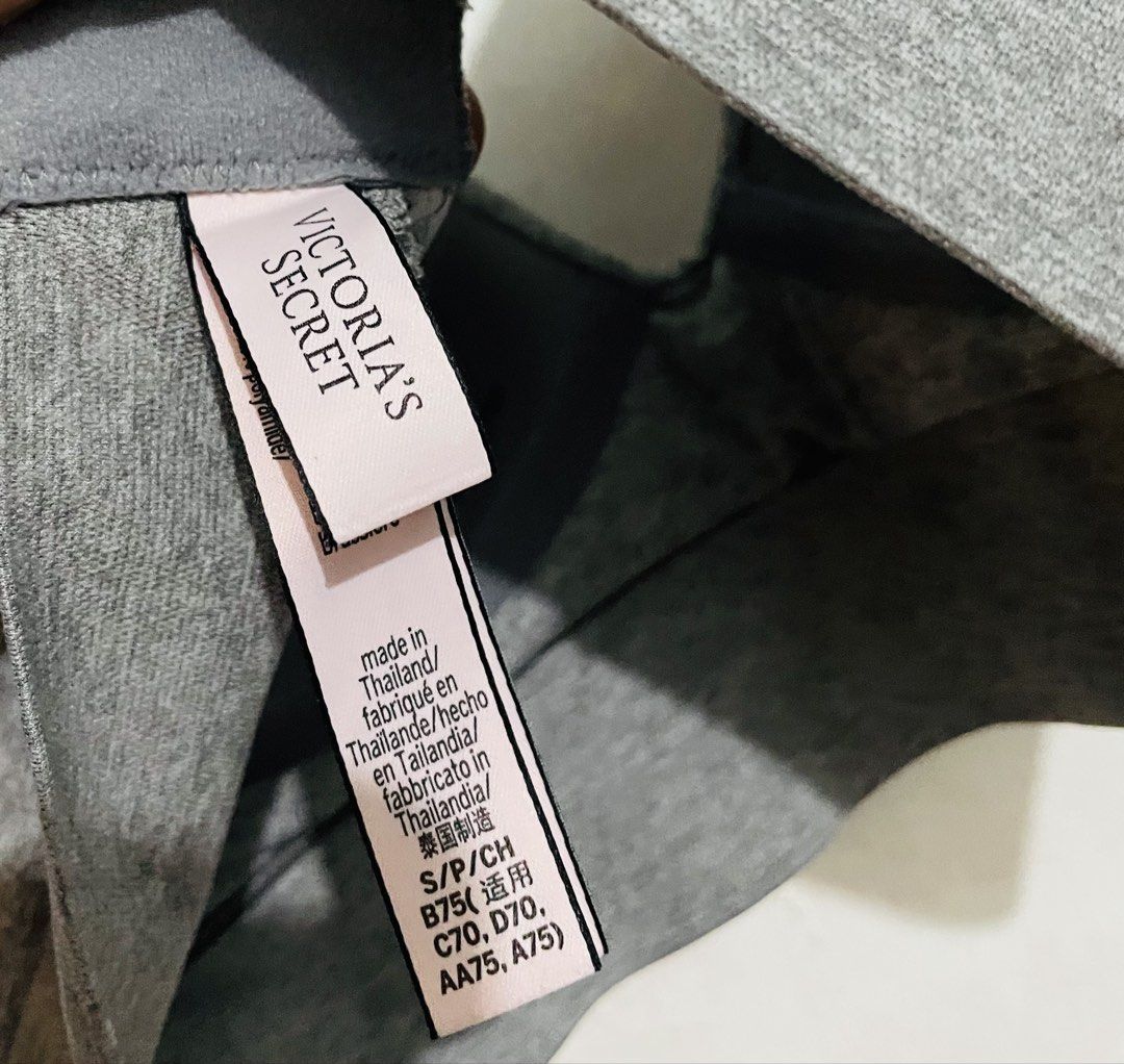 Victoria's Secret Grey Logo Strap Bralette (Category: Undergarments & Loungewear) located in Caloocan City. Submitted by lovemyclothes21 (Listing ID 1469262629, Image 3). Description: Grey Victoria's Secret bralette, heather finish. Signature logo elastic straps, adjustable for fit. Back hook and eye closure. Soft ribbed band under bust with branded text. Tag shows size S/P and equivalent international sizing. Made in Thailand..