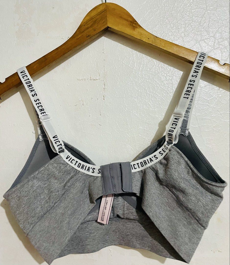 Victoria's Secret Grey Logo Strap Bralette (Category: Undergarments & Loungewear) located in Caloocan City. Submitted by lovemyclothes21 (Listing ID 1469262629, Image 2). Description: Grey Victoria's Secret bralette, heather finish. Signature logo elastic straps, adjustable for fit. Back hook and eye closure. Soft ribbed band under bust with branded text. Tag shows size S/P and equivalent international sizing. Made in Thailand..