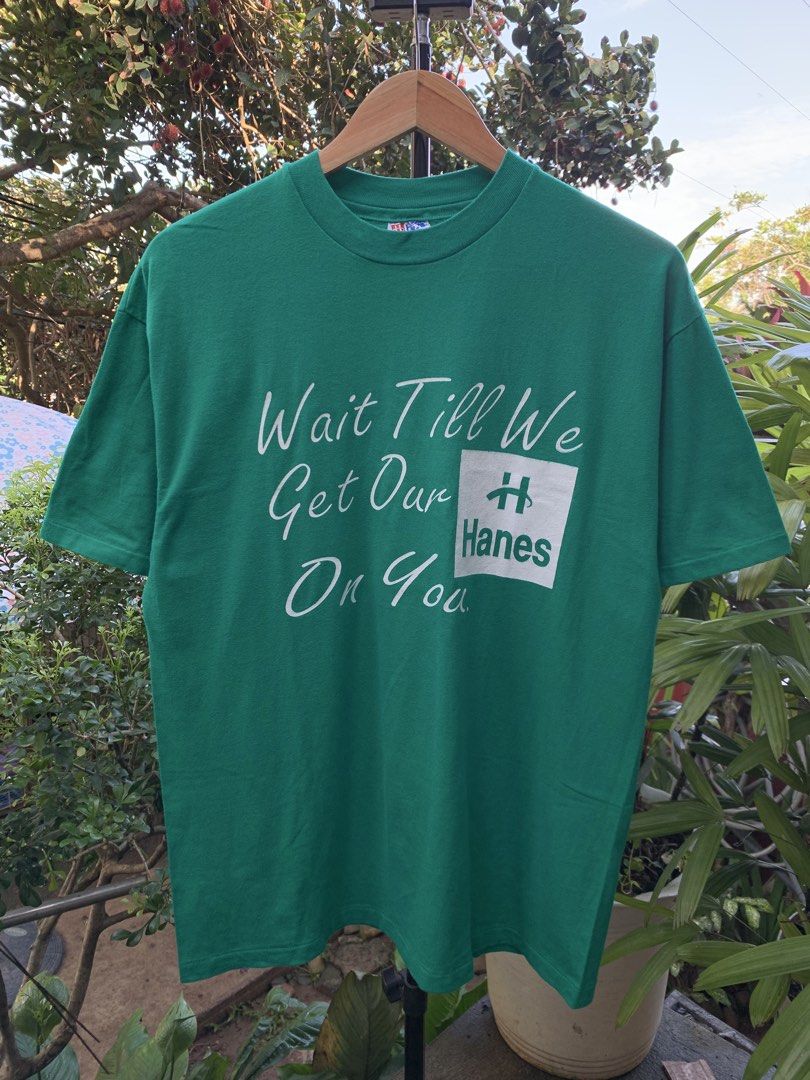 Vintage 1990s Hanes promotional statement tee (Category: Tshirts & Polo Shirts ) located in Cagayan de Oro. Submitted by premium_thrifts (Listing ID 1469253464, Image 3). Description: Green colorway. Excellent condition. Single stitch on both sleeves and hem Fits Large L29" x W21" 20.2" (shoulder to shoulder) 8.2" (sleeve length) Issue: none Add shipping fee (via JRS or J&T).