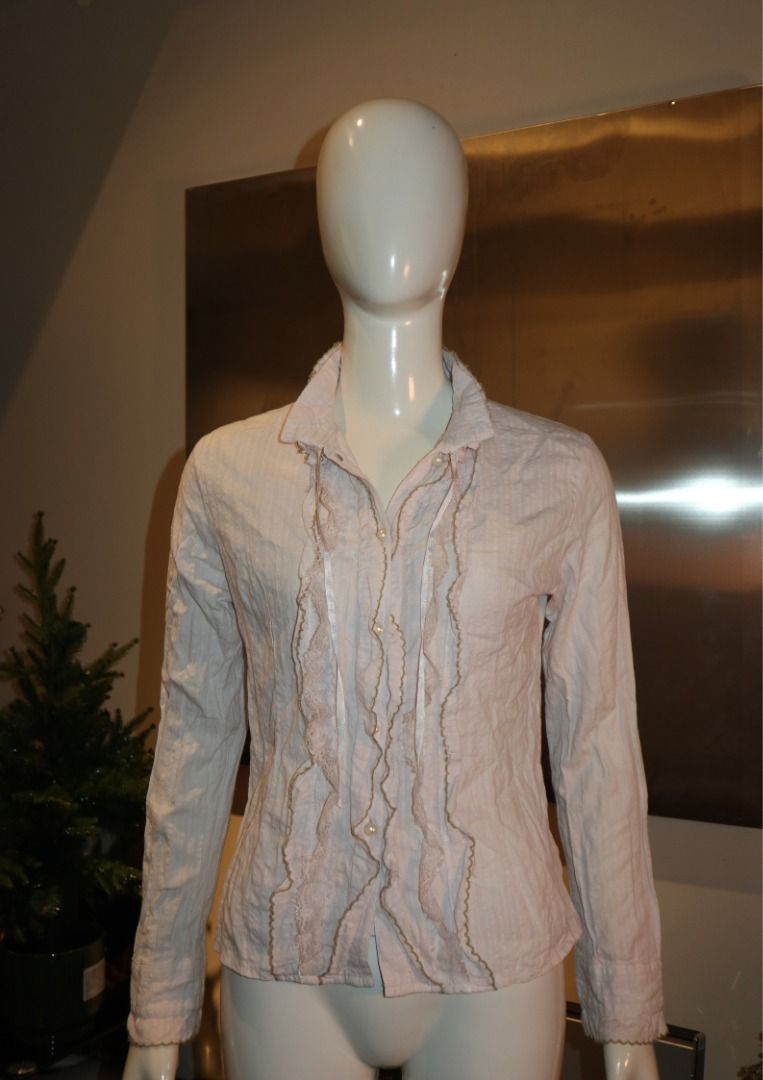 Vintage Blush Pink Ruffled Button-Up Blouse (Category: Longsleeves) located in Paranaque City. Submitted by skulkch (Listing ID 1469360241, Image 1). Description: Details: - Color: Blush pink / dusty pink - Style: Vintage, romantic, coquette - Long sleeves with buttoned cuffs - Front button closure with pearl-style buttons - Lace and ruffle detailing - Collared neckline- Fitted, feminine silhouette.