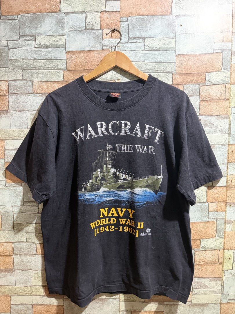 Vintage bootleg warcraft navy world war 2 (Category: Tshirts & Polo Shirts ) located in Quezon City. Submitted by ree3_dr0pp2k25 (Listing ID 1469274117, Image 1). Description: 20.5x27 Medium to semi large fittings Large on tag Hairlines Good condition.
