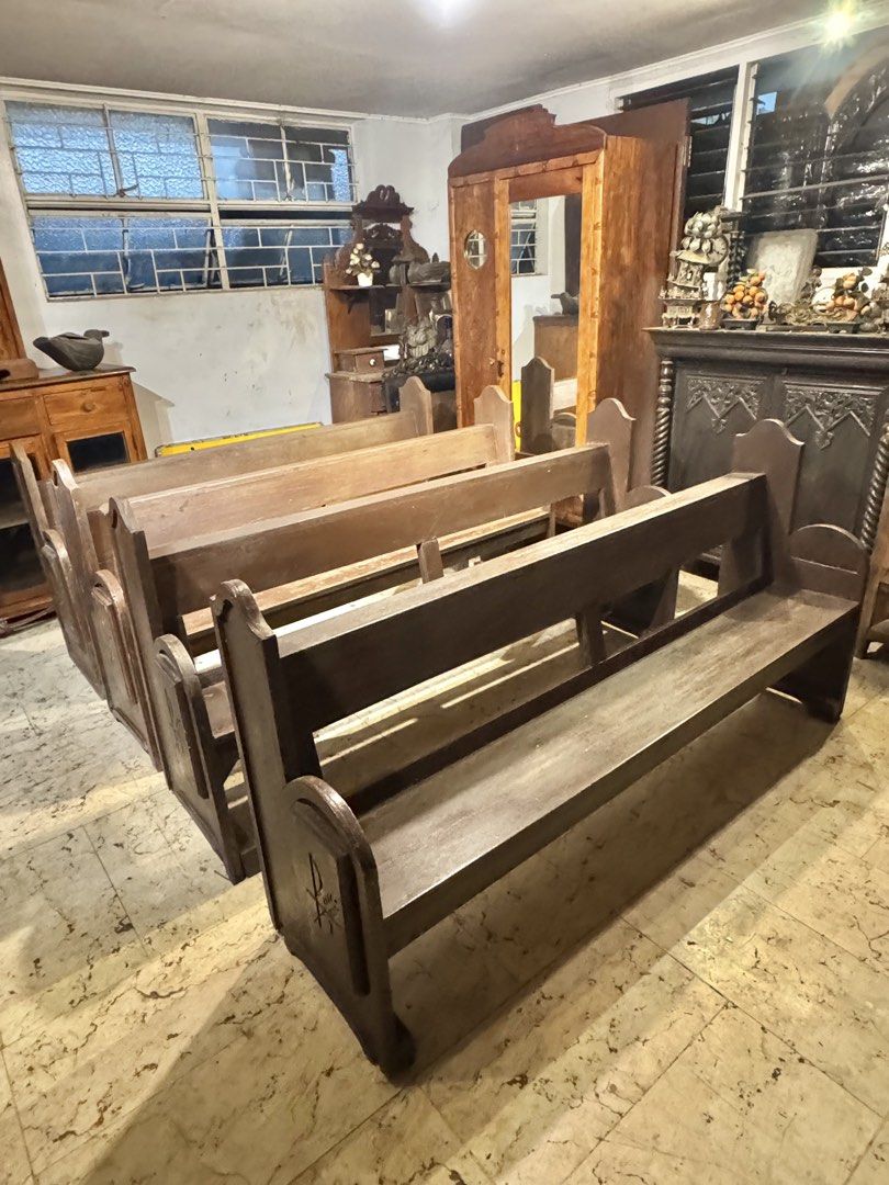 Vintage Church Pew Bench (Category: Vintage Collectibles) located in Manila. Submitted by sinaunang_gamit (Listing ID 1469163736, Image 2). Description: Vintage Church Pew Bench Length: 73 inches Height: 38 inches Width: 19 inches Made of Solid Wood Sturdy and ready to use ₱10k each.