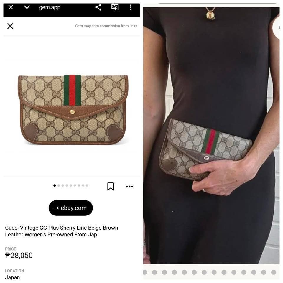 Vintage Gucci Monogram GG Supreme (Category: Luxury Bags & Wallets) located in Manila. Submitted by gutierrez23265 (Listing ID 1469051630, Image 1). Description: - Authentic vintage Gucci -8x5 inches - Classic beige GG monogram canvas with iconic red and green web stripe - Brown leather trim and gold-tone snap closure - Brown fabric-lined interior with original brand tag and serial number - Shows gentle wear consistent with age - Perfect for dail