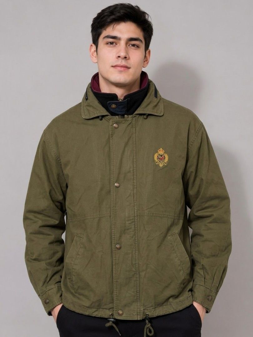 VINTAGE HUNTING HORN CANVAS JACKET (Category: Coats, Jackets and Outerwear) located in Pagsanjan. Submitted by thriftyclothes33 (Listing ID 1469304412, Image 1). Description: 🪖 VINTAGE HUNTING HORN CANVAS JACKET🪖🔥 ✨ Classic vintage outdoor style ✨ Army green canvas shell 🪖 ✨ Embroidered Hunting Horn crest ✨ Adjustable drawstrings ✨ High-neck collar ✨ Rugged look, perfect for casual & outdoor wear 🏷️ Size XL on tag 📏 Width 26" • Length 29" �