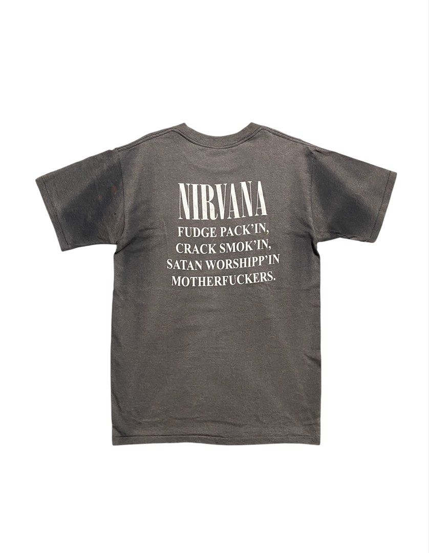 Vintage Nirvana Bleach Shirt (Category: Tshirts & Polo Shirts ) located in Iloilo. Submitted by anything_goesph (Listing ID 1469303616, Image 2). Description: 21 inch pit to pit 31.5 inch lenght 8.5 inch sleeve 19.5 inch shoulder stain faded crackprints holes see photos for details.