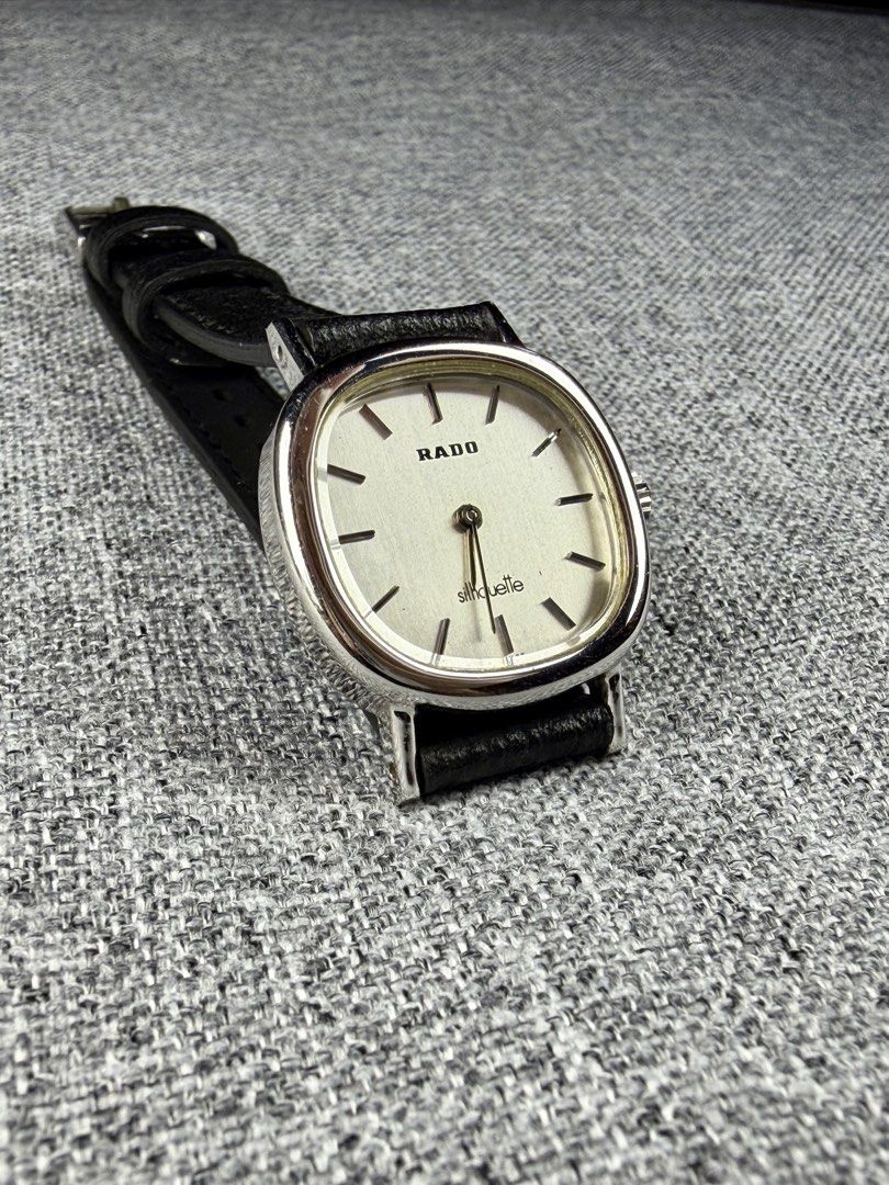 Vintage Rado Silhouette (Category: Women's Watches) located in Bacoor. Submitted by offtheclock (Listing ID 1469268805, Image 1). Description: Vintage Rado Silhouette Condition: Pre-owned Reference No: 986894 Movement: Mechanical Manual Winding Power Reserve: Approximately 42 Hours Material: Silver-Tone Stainless Steel Base Case Diameter: 22mm (Acrylic Crystal) Dial: Brushed Silver / Sunray Finish Strap: Brandnew Aftermarket Black Leather Strap I