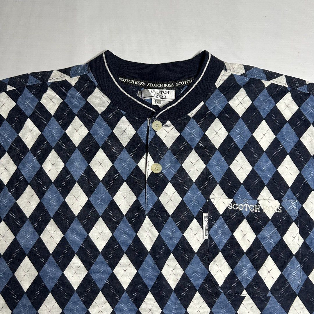 Vintage Scotch Boss Argyle Quarter Button Sweater (Category: Tshirts & Polo Shirts ) located in Antipolo. Submitted by wvyfrnds (Listing ID 1469169252, Image 2). Description: Vintage Scotch Boss Argyle Quarter Button Sweater Size: L Color: Blue Dimensions (Inches): Length: 27 Width: 24 Color Rate: 9/10 Issues - NONE 395 PLUS SF.