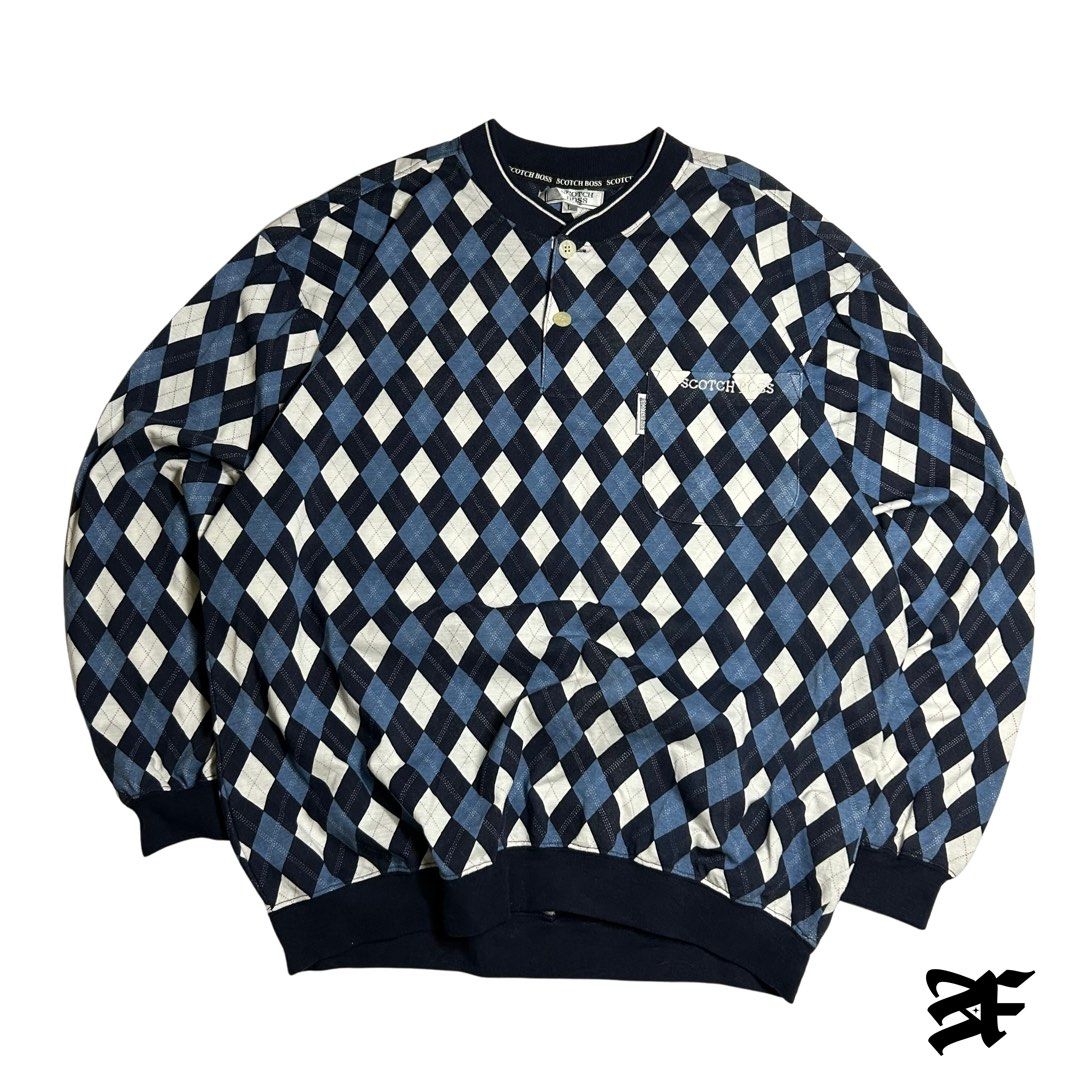 Vintage Scotch Boss Argyle Quarter Button Sweater (Category: Tshirts & Polo Shirts ) located in Antipolo. Submitted by wvyfrnds (Listing ID 1469169252, Image 1). Description: Vintage Scotch Boss Argyle Quarter Button Sweater Size: L Color: Blue Dimensions (Inches): Length: 27 Width: 24 Color Rate: 9/10 Issues - NONE 395 PLUS SF.