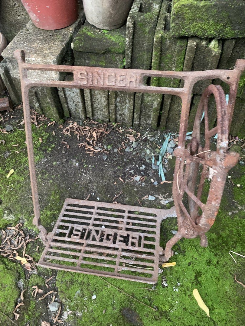 Vintage Singer sewing machine cast iron treadle base (Category: Home Improvement Tools & Accessories) located in Quezon City. Submitted by sojisup (Listing ID 1469272922, Image 2). Description: - Authentic vintage Singer sewing machine base - Heavy-duty cast iron frame with original wheel and foot pedal - Classic stamped lettering on the front and treadle plate - Natural rusty finish, great for DIY projects, rustic tables, or garden decor - Note: