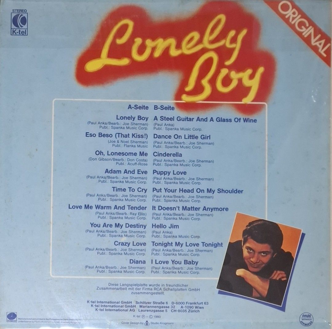 (Vinyl) Paul Anka: Lonely Boy (Category: Vinyls) located in Makati City. Submitted by decluttermp (Listing ID 1469281606, Image 2). Description: - Phil. Pressing: - Notable Tracks: Diana, Put Your Head On My Shoulder, Eso Beso - Condition: Vinyl - Excellent Cover - VG+ - With plastic sleeve.