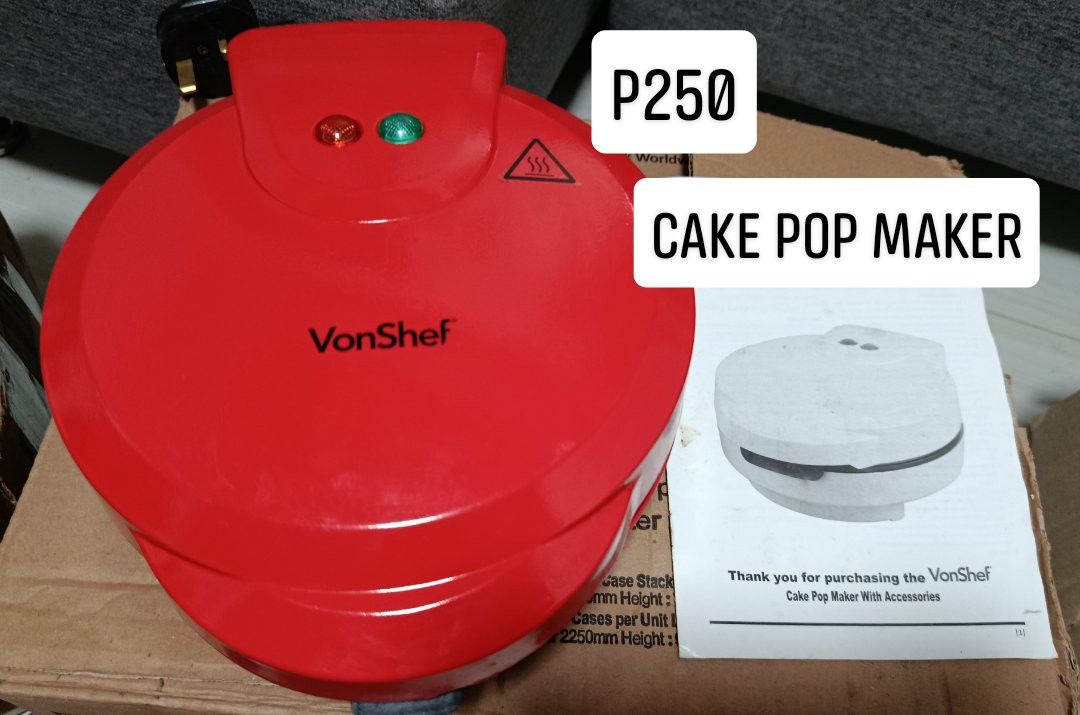 VonShef Red Cake Pop Maker (Category: Bakeware) located in Quezon City. Submitted by robelles_thriftshop (Listing ID 1469373269, Image 1). Description: - Vibrant red VonShef cake pop maker - Bakes multiple cake pops at once - Non-stick baking plates for easy release and cleanup - Equipped with convenient power indicator lights - Compact size, ideal for home kitchens - Includes original instruction manual.