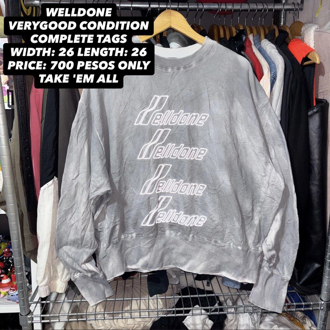 We11done Gray Sweatshirt (Category: Coats, Jackets and Outerwear) located in Caloocan City. Submitted by bonsatocha43876 (Listing ID 1469323116, Image 1). Description: - Authentic We11done gray sweatshirt - Bold stacked logo print on the front - Classic crew neck with ribbed cuffs and hem - Signature rubber name patch at the bottom back hem - Complete with brand neck tag and interior care labels - Measurements: 26 inches width x 26 inches length.