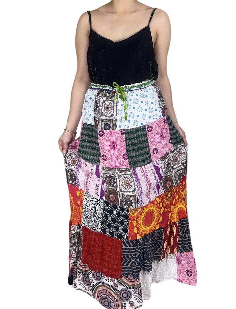 WHIMSYRODE- BOHEMIAN PATCHWORK SKIRT (Category: Skirts) located in Quezon City. Submitted by zzzecond (Listing ID 1469277803, Image 2). Description: ✨ZECOND x WhimsyRode✨ 🔎 Details • Type: Skirt • Measurements (Estimates) *Size based on measurements: M-L *Waist: 28-36 *Length: 39 • Remarks: Short lining only (Length 6) / Max stretch (Flat) 20 Model Stats ——————- Height: 5’2 Size: M-L ⚠️ Friendly Reminder: ❤️ These items are preloved, kindly mana