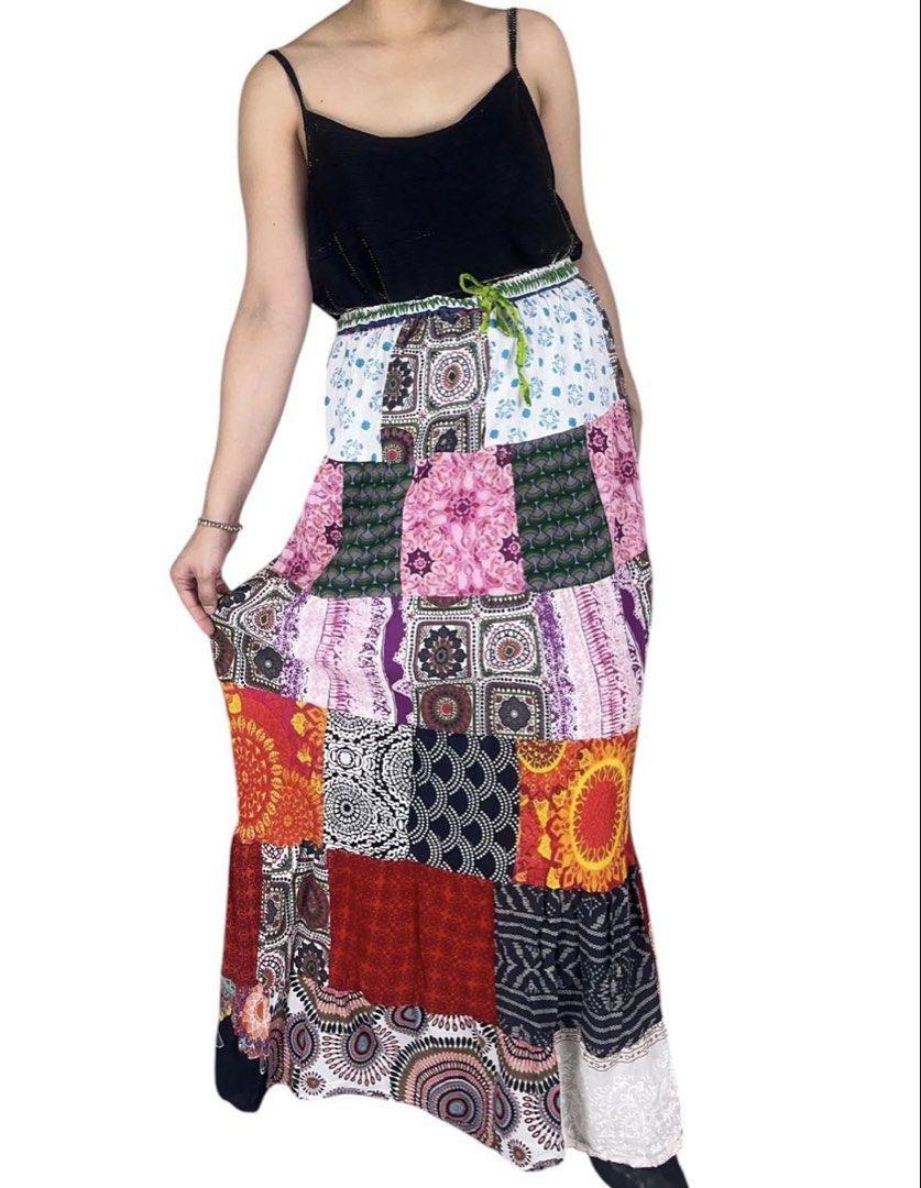 WHIMSYRODE- BOHEMIAN PATCHWORK SKIRT (Category: Skirts) located in Quezon City. Submitted by zzzecond (Listing ID 1469277803, Image 1). Description: ✨ZECOND x WhimsyRode✨ 🔎 Details • Type: Skirt • Measurements (Estimates) *Size based on measurements: M-L *Waist: 28-36 *Length: 39 • Remarks: Short lining only (Length 6) / Max stretch (Flat) 20 Model Stats ——————- Height: 5’2 Size: M-L ⚠️ Friendly Reminder: ❤️ These items are preloved, kindly mana