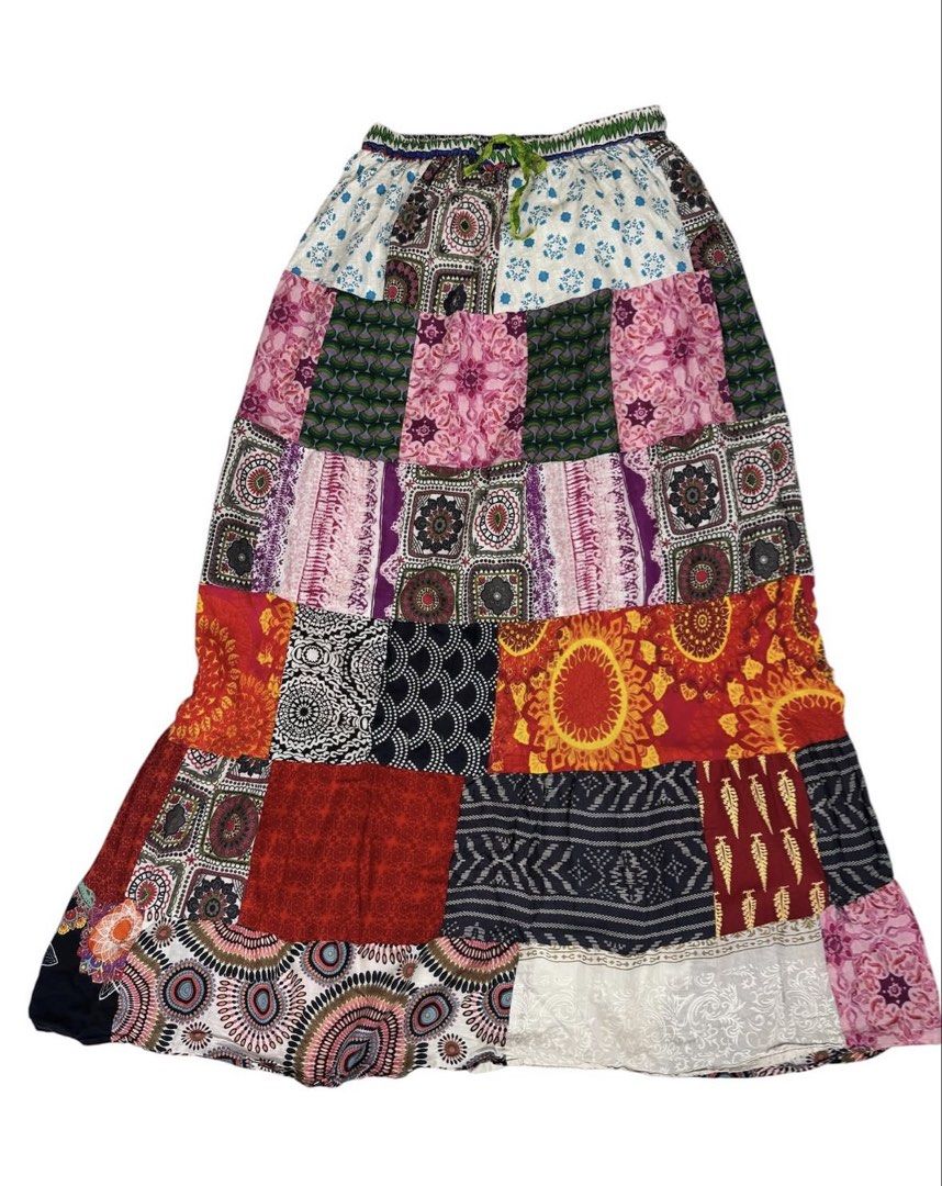 WHIMSYRODE- BOHEMIAN PATCHWORK SKIRT (Category: Skirts) located in Quezon City. Submitted by zzzecond (Listing ID 1469277803, Image 3). Description: ✨ZECOND x WhimsyRode✨ 🔎 Details • Type: Skirt • Measurements (Estimates) *Size based on measurements: M-L *Waist: 28-36 *Length: 39 • Remarks: Short lining only (Length 6) / Max stretch (Flat) 20 Model Stats ——————- Height: 5’2 Size: M-L ⚠️ Friendly Reminder: ❤️ These items are preloved, kindly mana