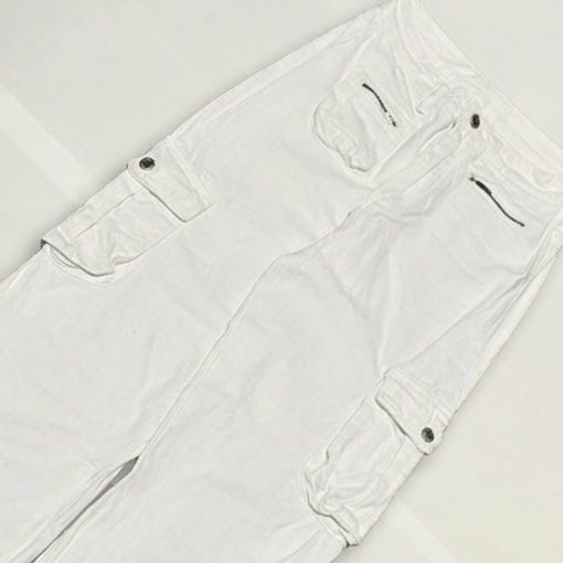 WHITE 7 POCKETS CARGO DENIM BAGGY PANTS✨ (Category: Jeans) located in Bulacan. Submitted by cris_thrifty (Listing ID 1469231961, Image 2). Description: ₱250 +sf WHITE 7 POCKETS CARGO DENIM BAGGY PANTS✨ Size 27-28 Length 43 Leg hole 9.5 Thigh 12.5 • need wash • good fittings • Heavy • stain • semi thick • semi hard • must buy it - Color: Clean solid white - Fit: Super baggy, wide-leg style - Pockets: Multiple utility pockets on sides and thighs + 