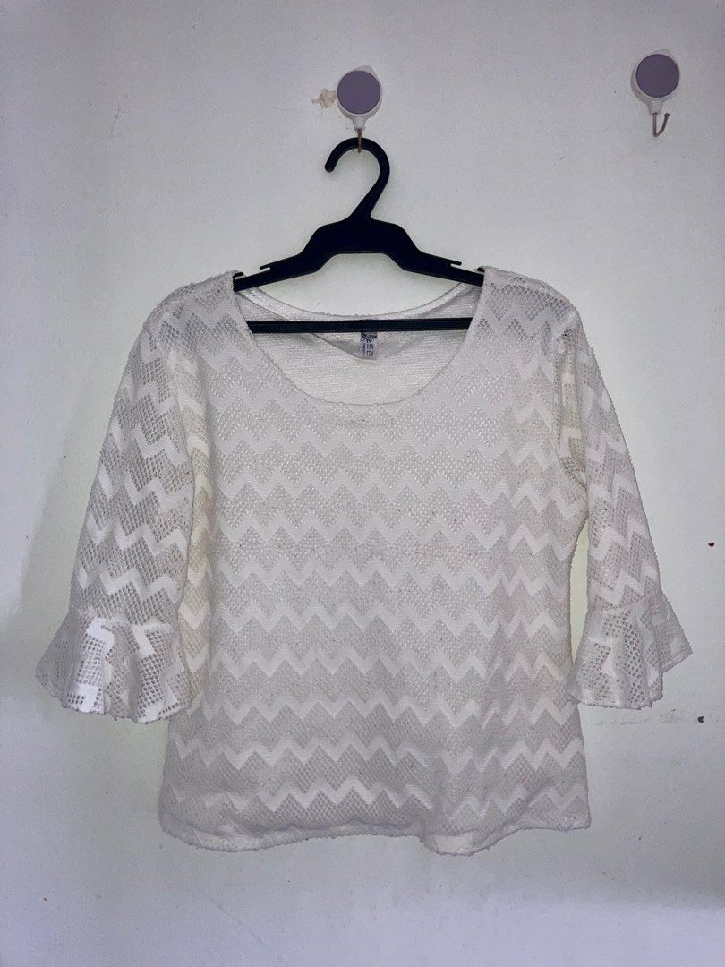 White lace-patterned with bell sleeves scoop neck top (Category: Blouses) located in Daraga. Submitted by nanasnonsense (Listing ID 1469275723, Image 2). Description: PROMO! BUY 9 FOR 500 + GET 1 FREE - applicable for PHP 79 tops and/or dresses from my listings - choose free item from free pile Items are all preloved or thrifted so please manage your expectations. Thank you!.