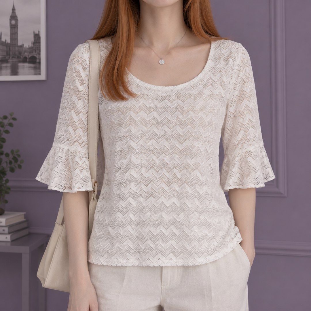 White lace-patterned with bell sleeves scoop neck top (Category: Blouses) located in Daraga. Submitted by nanasnonsense (Listing ID 1469275723, Image 1). Description: PROMO! BUY 9 FOR 500 + GET 1 FREE - applicable for PHP 79 tops and/or dresses from my listings - choose free item from free pile Items are all preloved or thrifted so please manage your expectations. Thank you!.
