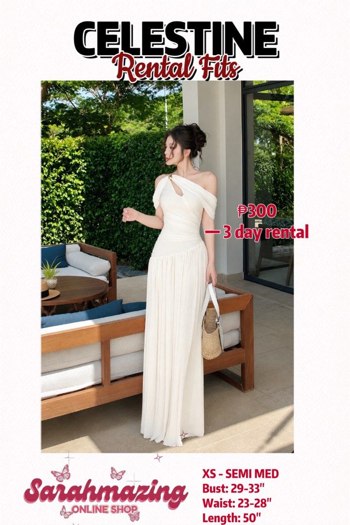 White Pleated Maxi Dress FOR RENT (Category: Dresses) located in Cabuyao City. Submitted by sarahmazingonlineshop (Listing ID 1469213713, Image 1). Description: - Brand/Item: Celestine Rental Fits White One-Shoulder Pleated Maxi Dress - Features: Chic shoulder cutout and elegant draped ruching through the bodice - Size: Fits XS to semi-medium - Measurements: Bust 29-33 inches | Waist 23-28 inches | Length 50 inches - Rental Rate: 300 pesos for 3 