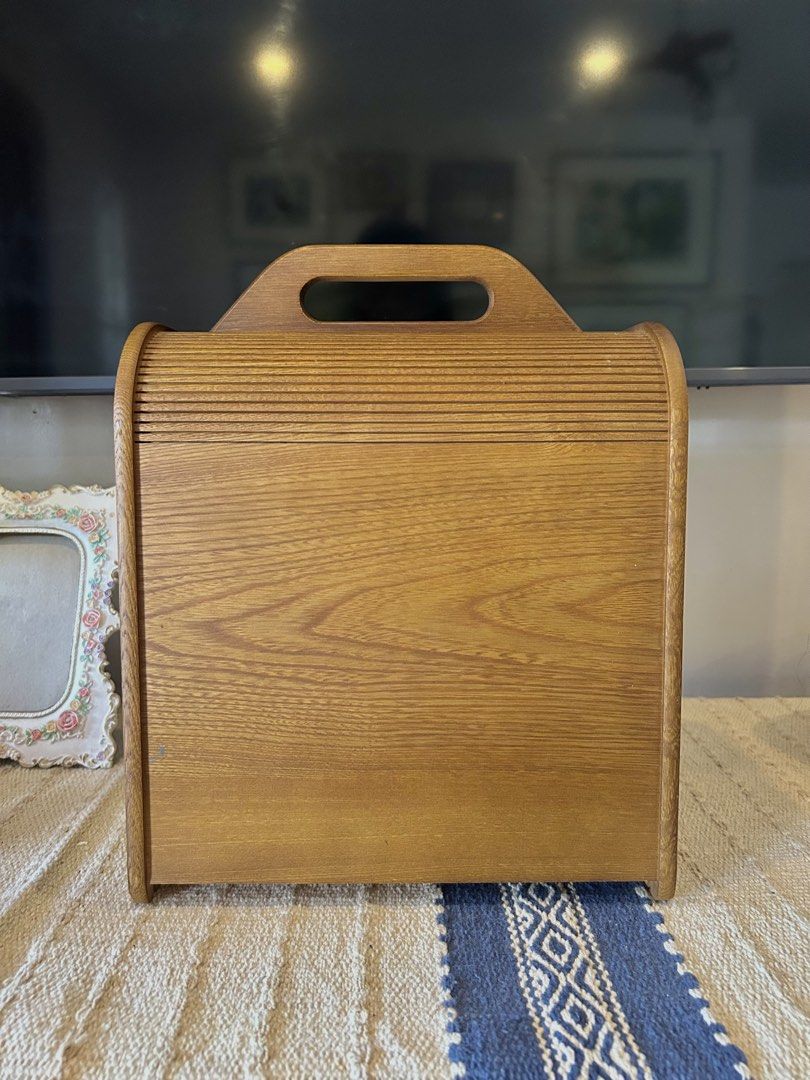 WOODEN ROLL-TOP VANITY/MAKE UP BOX (Category: Other Home Decor) located in Polangui. Submitted by joycehaul (Listing ID 1469298762, Image 3). Description: vintage wooden roll-top makeup/cosmetic box (or tabletop vanity organizer) featuring a tambour/slatted shutter door, a top carrying handle, and a bottom drawer with a round wooden knob..