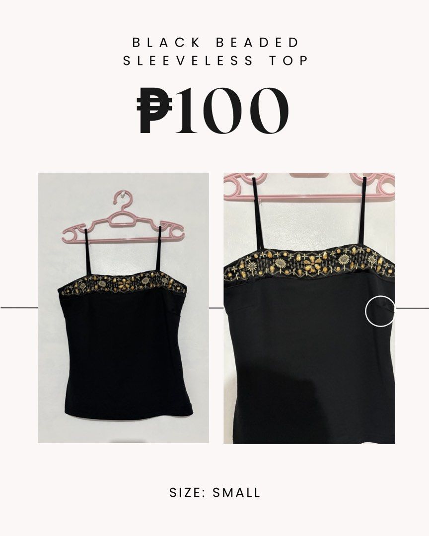 y2k black sleeveless beaded top (Category: Sleeveless) located in Indang. Submitted by beebadooday (Listing ID 1469217588, Image 1). Description: has a small flaw on the upper right side (natastas).
