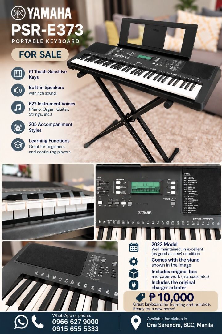 Yamaha PSR E373 | 61 Keys | Digital Keyboard / Piano (Category: Musical Instruments) located in Manila. Submitted by unicornrider (Listing ID 1469239132, Image 1). Description: Yamaha PSR-E373 Keyboard for Sale Selling my Yamaha PSR-E373 keyboard. Includes: Stand, as seen in image + original power adapter Reason for selling: Moved to larger 88-key piano Feel free to message on W-App me if interested..