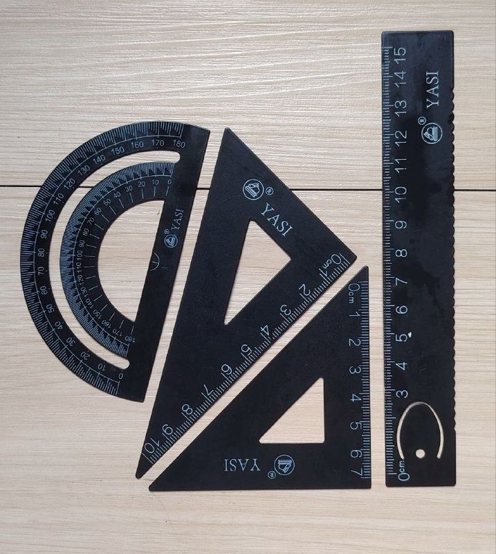 YASI Black Plastic Geometry Set Ruler Protractor (Category: Stationery & School Supplies) located in San Mateo. Submitted by carl_240 (Listing ID 1469195559, Image 2). Description: - Brand: YASI - Set includes: 15cm straight ruler, 2 triangular rulers, 180-degree protractor, and a storage case - Features: Clear white markings on every piece for easy reading - Perfect for: School, drafting, and technical drawing projects - Packaging: Flat, compact
