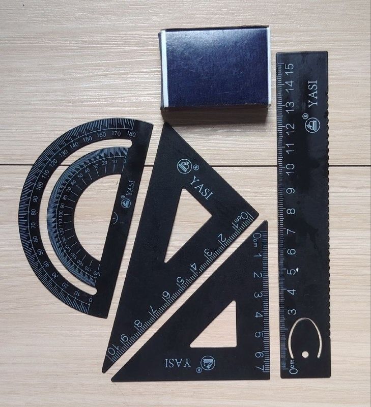 YASI Black Plastic Geometry Set Ruler Protractor (Category: Stationery & School Supplies) located in San Mateo. Submitted by carl_240 (Listing ID 1469195559, Image 3). Description: - Brand: YASI - Set includes: 15cm straight ruler, 2 triangular rulers, 180-degree protractor, and a storage case - Features: Clear white markings on every piece for easy reading - Perfect for: School, drafting, and technical drawing projects - Packaging: Flat, compact