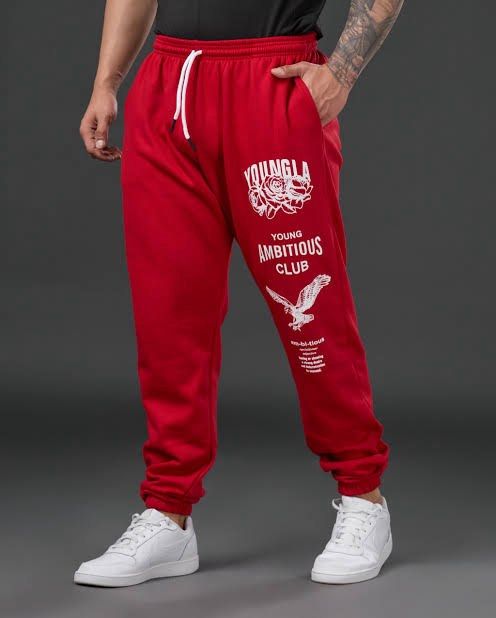 YOUNGLA joggers size L (Category: Activewear) located in Angeles City. Submitted by alejeong27 (Listing ID 1469347560, Image 1). Description: Brand: YoungLA Model Name: The Immortal Joggers (Model 233) Design/Graphics: "Young Ambitious Club" lettering, a rose illustration, and an eagle print down the leg. Color: Red If you're looking to buy these, let me know:.