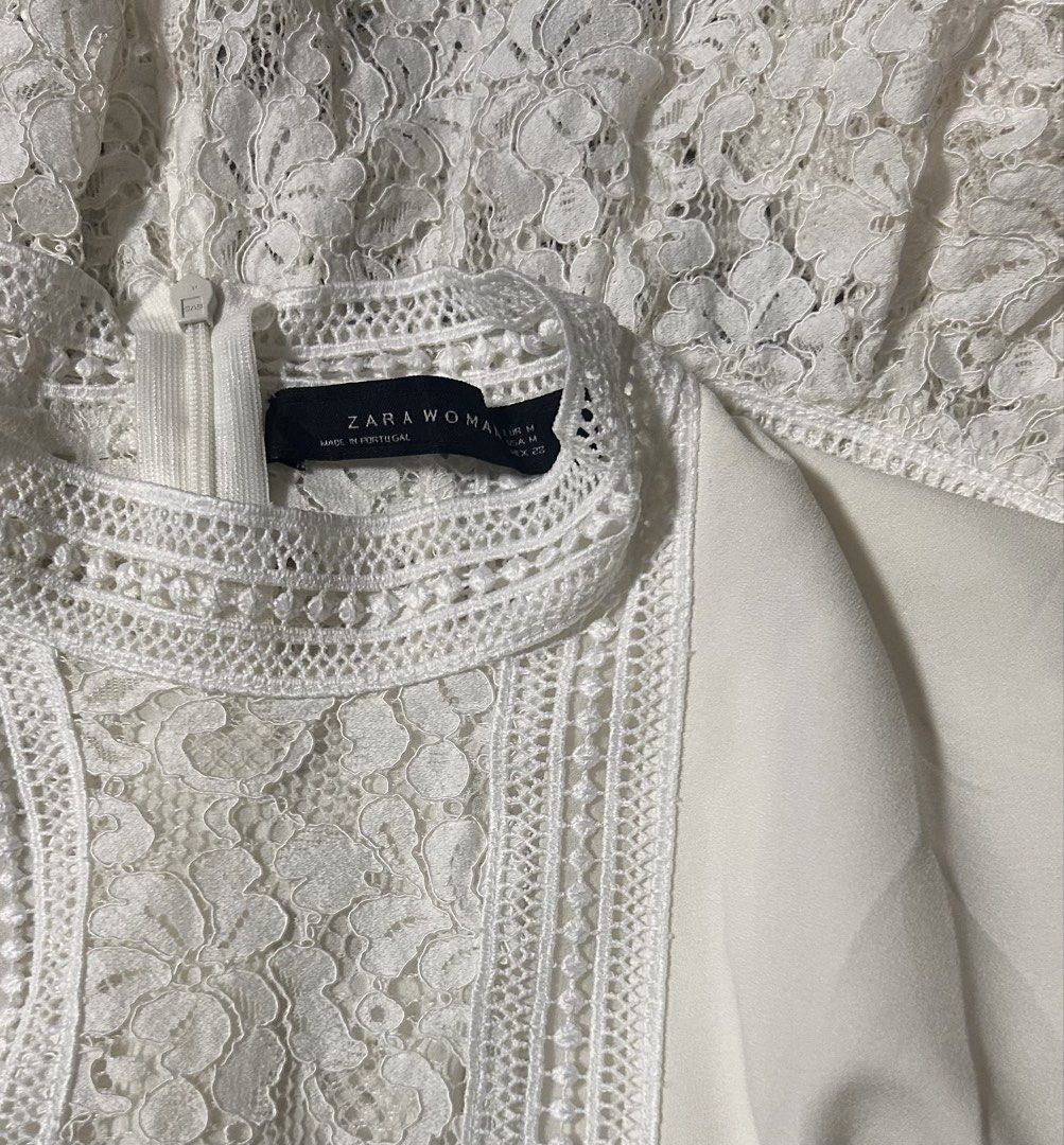 ZARA (Category: Blouses) located in Davao. Submitted by sart0ria85 (Listing ID 1469288898, Image 3). Description: A cream blouse with laces and embroidery details on a vertical design. 36%POLYAMIDE 36%VISCOSE 28% COTTON MADE IN PORTUGAL 🇵🇹 MEDIUM. Size 6 EXCELLENT CONDITION (93/100).