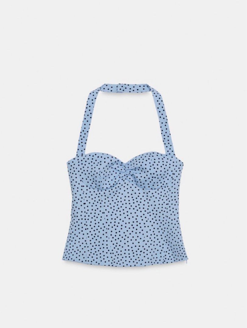 Blue polka dot halter top size xs (Category: Sleeveless) located in Manila. Submitted by livvy.edit (Listing ID 1469312611, Image 2). Description: Condition: Brand New RFS: decluttering 📦 Can do shipping (buyer shoulders fee) .