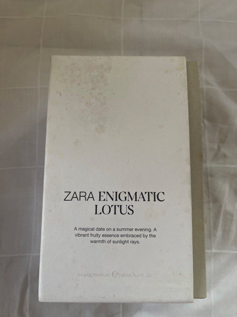 Zara Enigmatic Lotus EDP 100ml (Category: Fragrance & Deodorants) located in Pasig City. Submitted by missclaud.essentials (Listing ID 1469172120, Image 1). Description: Sealed and original Box discoloration due to molds Zara Enigmatic Lotus EDP 100ml SRP 1250.