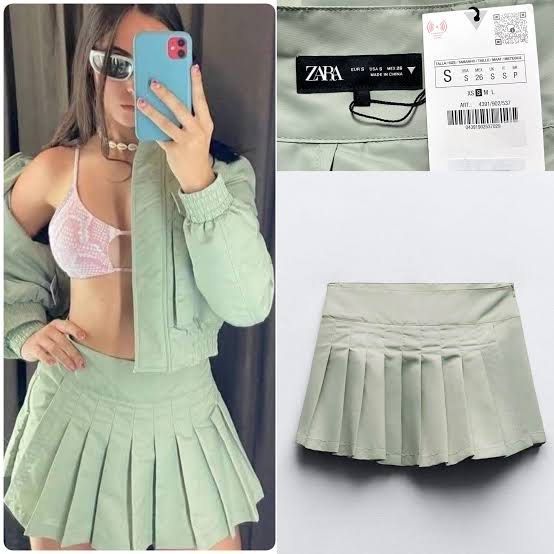 Zara Green Pleated Skort Size S (Category: Skirts) located in Cainta. Submitted by qualityyetaffordable (Listing ID 1469169617, Image 1). Description: - Brand: Zara - Item: Pleated skort with built-in shorts - Color: Light green - Size: S (Fits EUR S and USA S) - Condition: Brand new with tags (BNWT), never worn - Original price tags in USD and GBP attached.