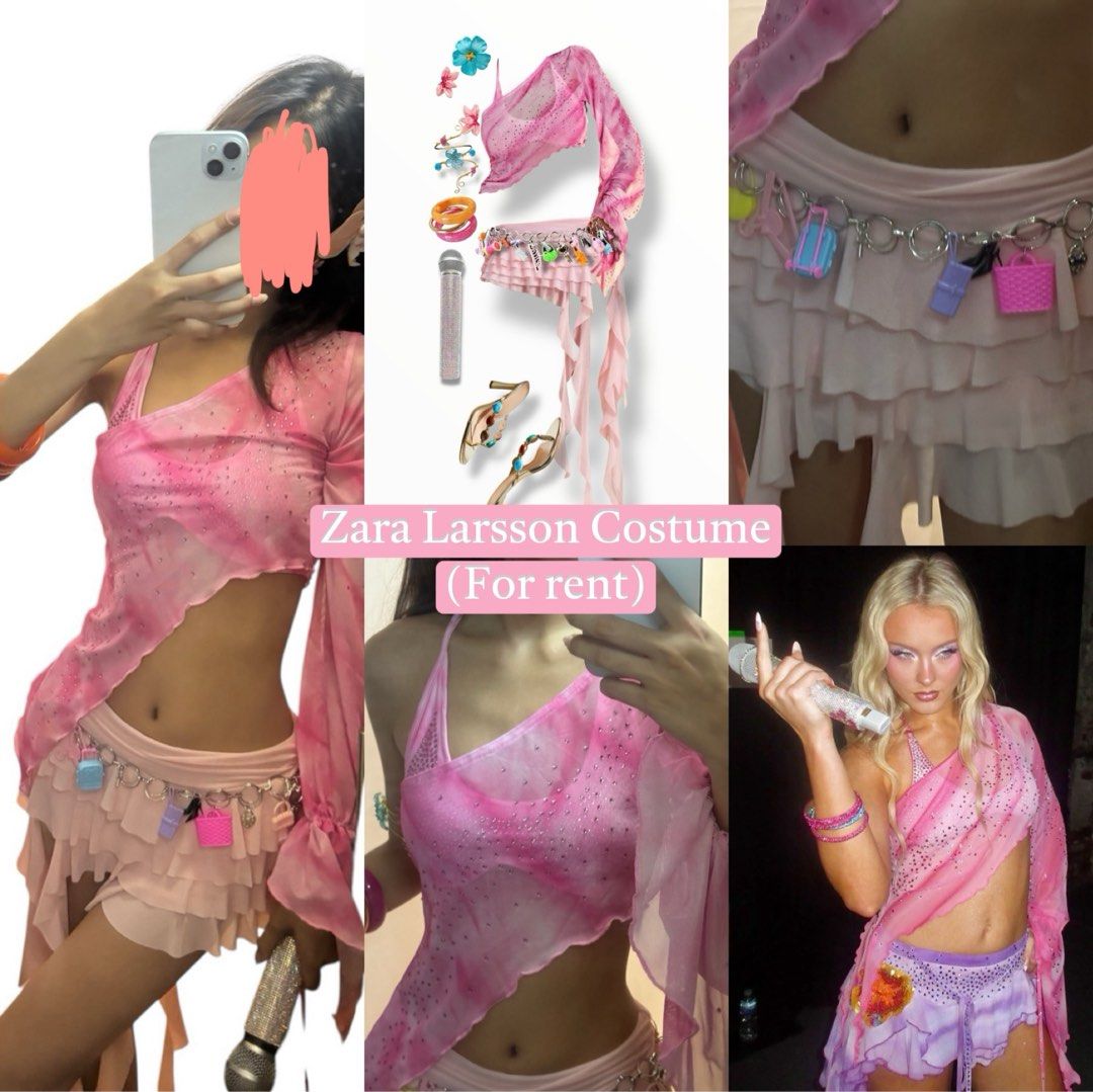 Zara Larsson Costume (FOR RENT) (Category: Sets or Coordinates) located in Manila. Submitted by kkettlecornn (Listing ID 1469169348, Image 1). Description: - Zara Larsson-inspired concert & party outfit for rent - Complete set: pink sparkly asymmetrical mesh top, layered ruffle skirt with mini charm belt, bangles, hair clips, and bedazzled microphone prop Fits xxs-s - Message us first to check date availability and rental details before booking �