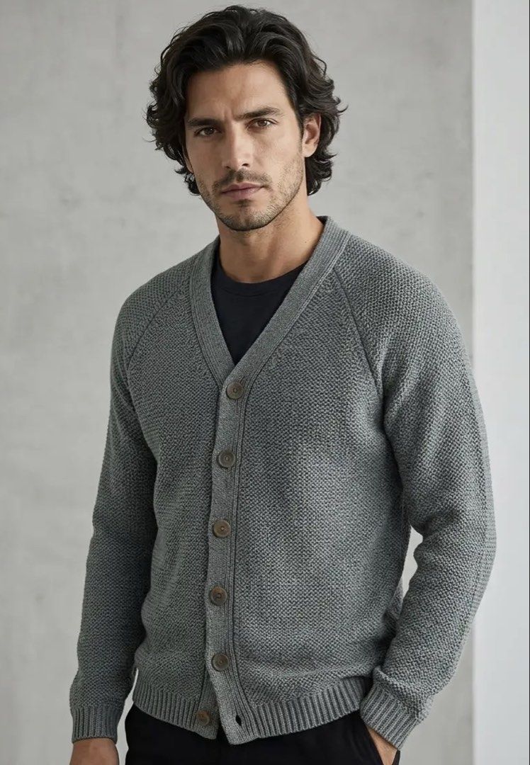 ZARA MAN (Category: Coats, Jackets and Outerwear) located in Davao. Submitted by sart0ria85 (Listing ID 1469311282, Image 2). Description: Grey with a hint of Moss Green in a textured knit pattern on a V-neck. 100%ACRYLIC MADE IN SPAIN 🇪🇸 MEDIUM. Size 6 VERY GOOD CONDITION (89/100).