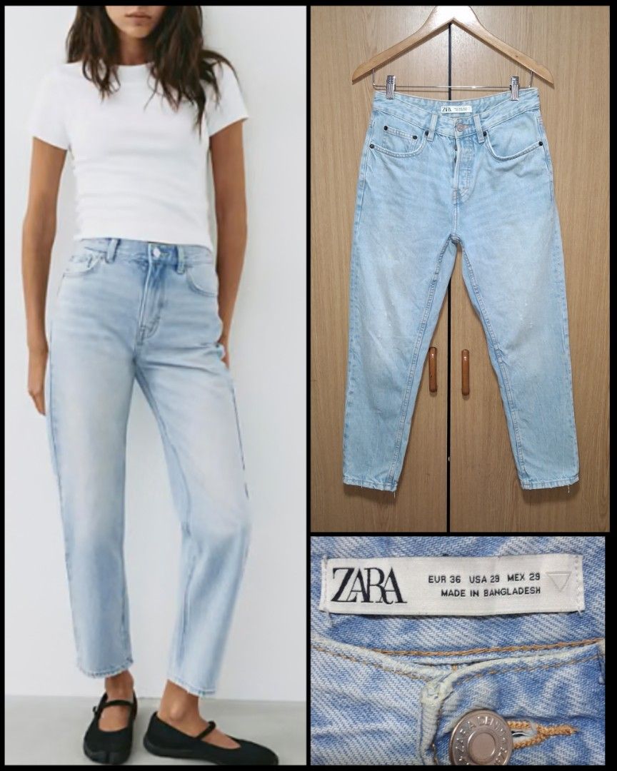 Zara Mom Button fly Jeans (Category: Jeans) located in Cebu City. Submitted by cebuanamomshies (Listing ID 1469324269, Image 1). Description: W28-29 Rise 11 inseam 26 Button fly High-rise light wash denim relaxed fit.