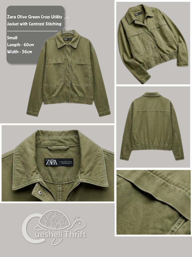Zara Olive Green Crop Utility Jacket with Contrast Stitching (Category: Coats, Jackets and Outerwear) located in Caloocan City. Submitted by cueshellclothing (Listing ID 1469297154, Image 1). Description: Preloved/US Balikbayan Zara Olive Green Crop Utility Jacket with Contrast Stitching Brand: Zara Size: Small Length: 77cm Width: 65cm Lightly Used/Not abused .