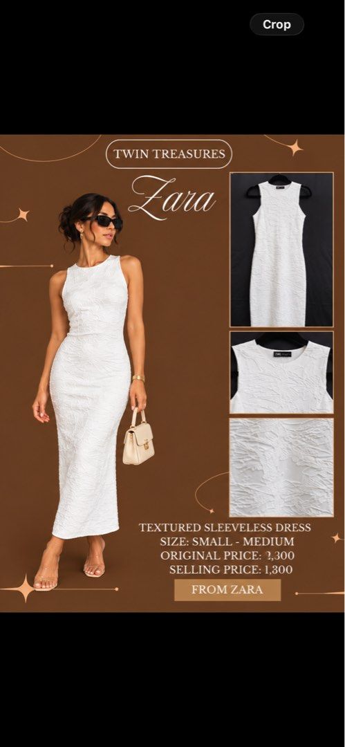 Zara Textured Sleeveless Dress (Category: Dresses) located in Pasig City. Submitted by nadineelja10271 (Listing ID 1469356025, Image 1). Description: - Brand: Zara - Style: White midi dress with a clean and versatile look - Details: Round neckline, sleeveless cut, and all-over textured pattern - Size: Fits Small to Medium - Condition: Excellent, ready to wear for any occasion.