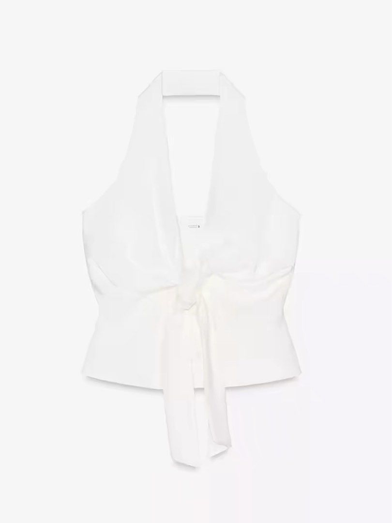 Zara white halter top with front knot size xs (Category: Sleeveless) located in Manila. Submitted by livvy.edit (Listing ID 1469313991, Image 3). Description: Condition: Brand New RFS: Decluttering 📦 Can do shipping (buyer shoulders fee) .