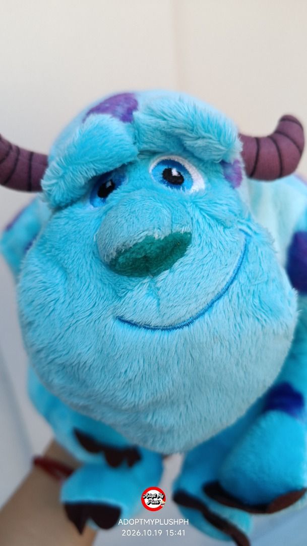 10" James P. "Sulley" Sullivan plush (Category: Plushies & Soft Toys) located in Taguig. Submitted by adopt.my.plush.ph (Listing ID 1469432881, Image 2). Description: An official 10-inch Disney-licensed James P. "Sulley" Sullivan plush toy from Monsters, Inc. / Monsters University, featuring his signature turquoise fur, purple spots, and curved horns. Whitehouse Leisure Intl UK Last 2 stocks available.