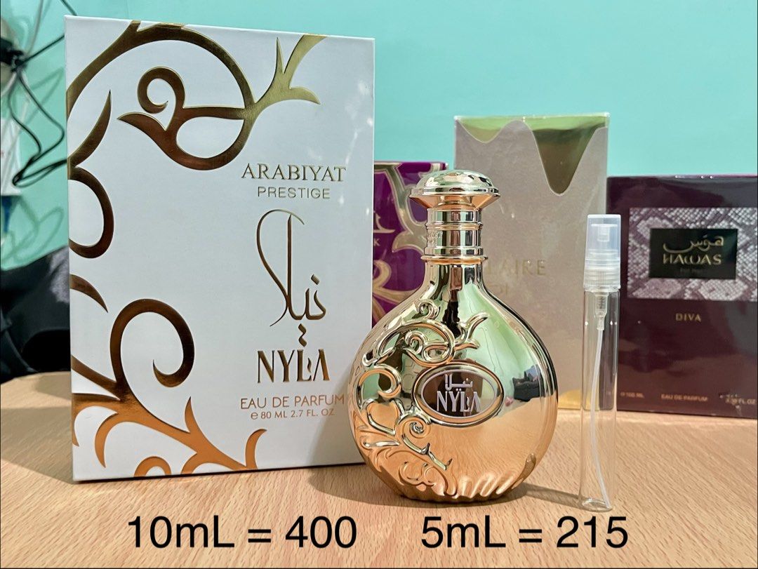 10mL Decant Arabiyat Prestige Nyla (Category: Fragrance & Deodorants) located in Mandaue City. Submitted by cathiii15 (Listing ID 1469223143, Image 1). Description: Arabiyat Prestige Nyla - authentic decants available - Decant Sizes & Prices: 10ml for ₱400 | 5ml for ₱215 - Ideal for testing out the scent before buying a full bottle 📍Mandaue City, Cebu.