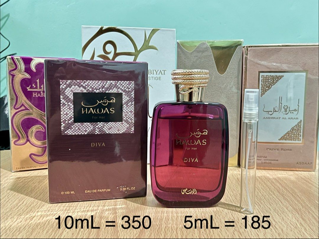 10mL Decant Rasasi Hawas For Diva (Category: Fragrance & Deodorants) located in Mandaue City. Submitted by cathiii15 (Listing ID 1469220104, Image 1). Description: - Fragrance: Rasasi Hawas for Her Diva (Decants) - Pricing: 5ml for ₱185 | 10ml for ₱350 - Scent Profile: 82% similar to Valentino Born in Roma - Performance: Lasts 7+ hours on skin with strong sillage and excellent overall projection - Purpose: Ideal way to try the scent before commit