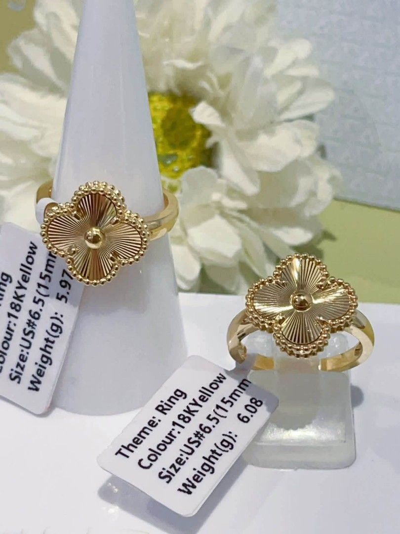 18k HongKong setting gold Vca Alhambra ring (Category: Rings) located in Manila. Submitted by bhelgoldseller2ndaccount (Listing ID 1469459399, Image 3). Description: New!!✨New!!✨New!! 18k HongKong setting Gold 9300/g 💯pawnable/naisasanla 💯with high appraisal rate 💯good investment 💯Direct supplier price 👉OPEN for resellers 🌺please take time to evaluate their actual sizes and grams 👉Best panggift for all occasions ✅ Sold per grams not per pi