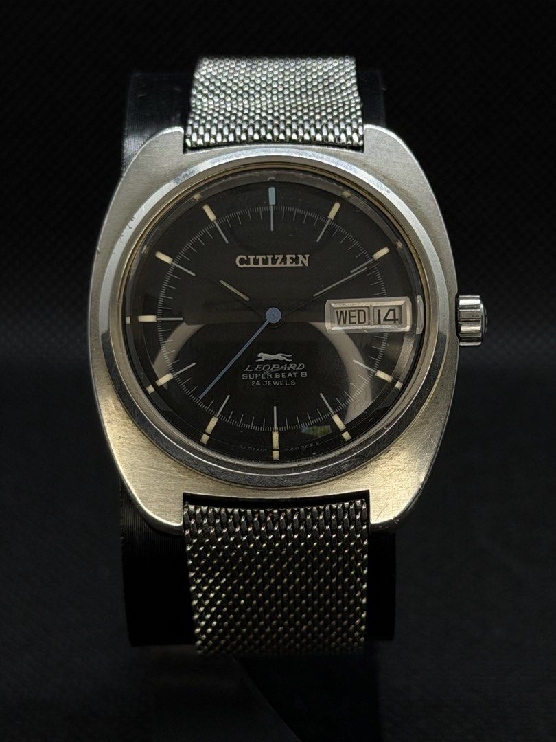 [1971] Vintage Citizen Leopard Super Beat 8 (Category: Men's Watches) located in San Jose. Submitted by midnightwatchersph (Listing ID 1469569742, Image 1). Description: [1971] Vintage Citizen Leopard Super Beat 8 4-720539Y Black Dial Citizen automatic movement (28,800 bps) Original head Original bracelet (Period correct) 37 mm case size (excluding crown) Collector’s timepiece. ✨ 9.5/10 condition 💸PRICE: 8,600.